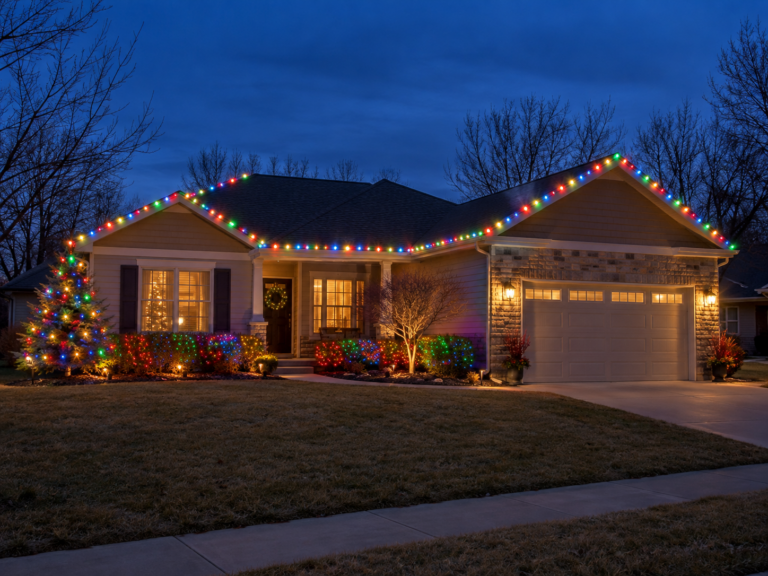 Illustrative home decorated with multicolor Christmas roofline and shrub lights