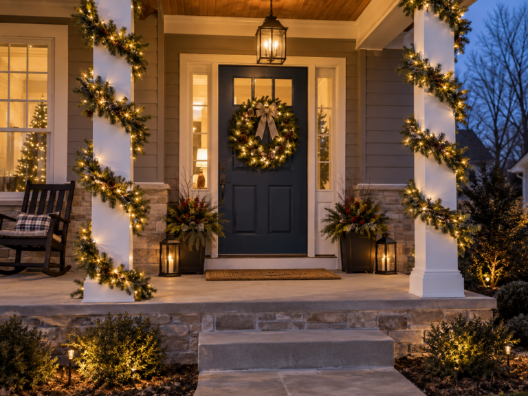 Illustrative front porch with illuminated garland and a holiday wreath