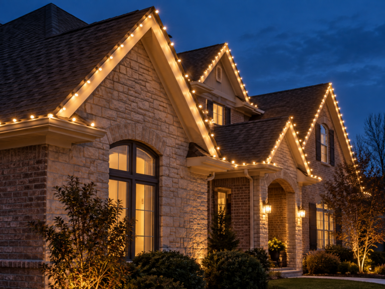 Illustrative warm-white Christmas lights tracing peaked rooflines