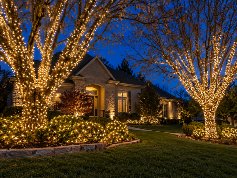 Illustrative trees and shrubs wrapped in warm-white Christmas lights
