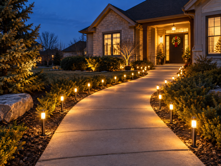 Illustrative illuminated walkway leading to a holiday-decorated home