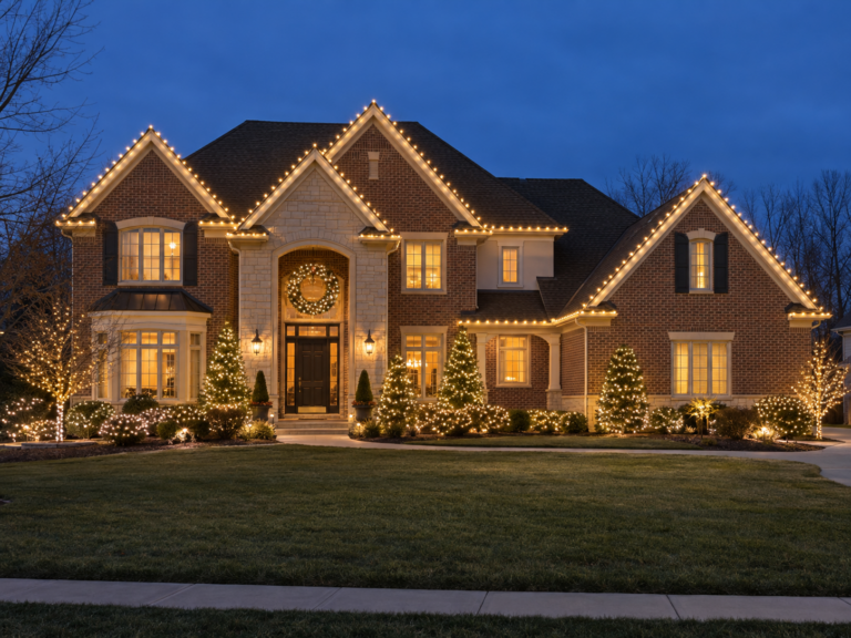 Illustrative brick home with elegant warm-white Christmas lights